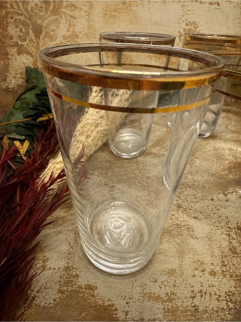 Vintage Gold Rim Glass Ice Bucket with 5 Matching Tumblers Barware Cocktail Set